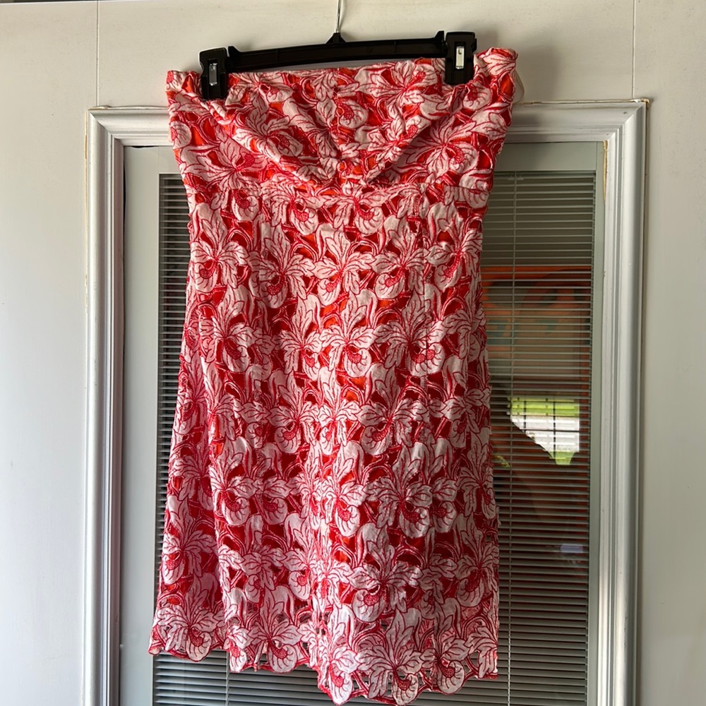 coral and white strapless dress perfect for any occasion lace eyelet overlay